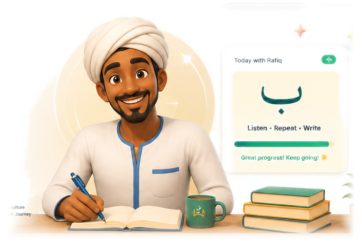 Rafiq seated at a desk, guiding an Arabic lesson
